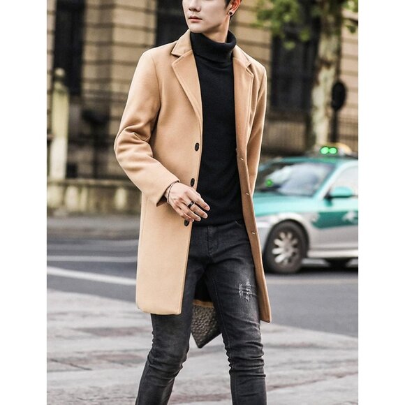 Men's Khaki Wool Blend Pea Coat Notched Collar Breasted Winter Trench Coat - Picture 6 of 8
